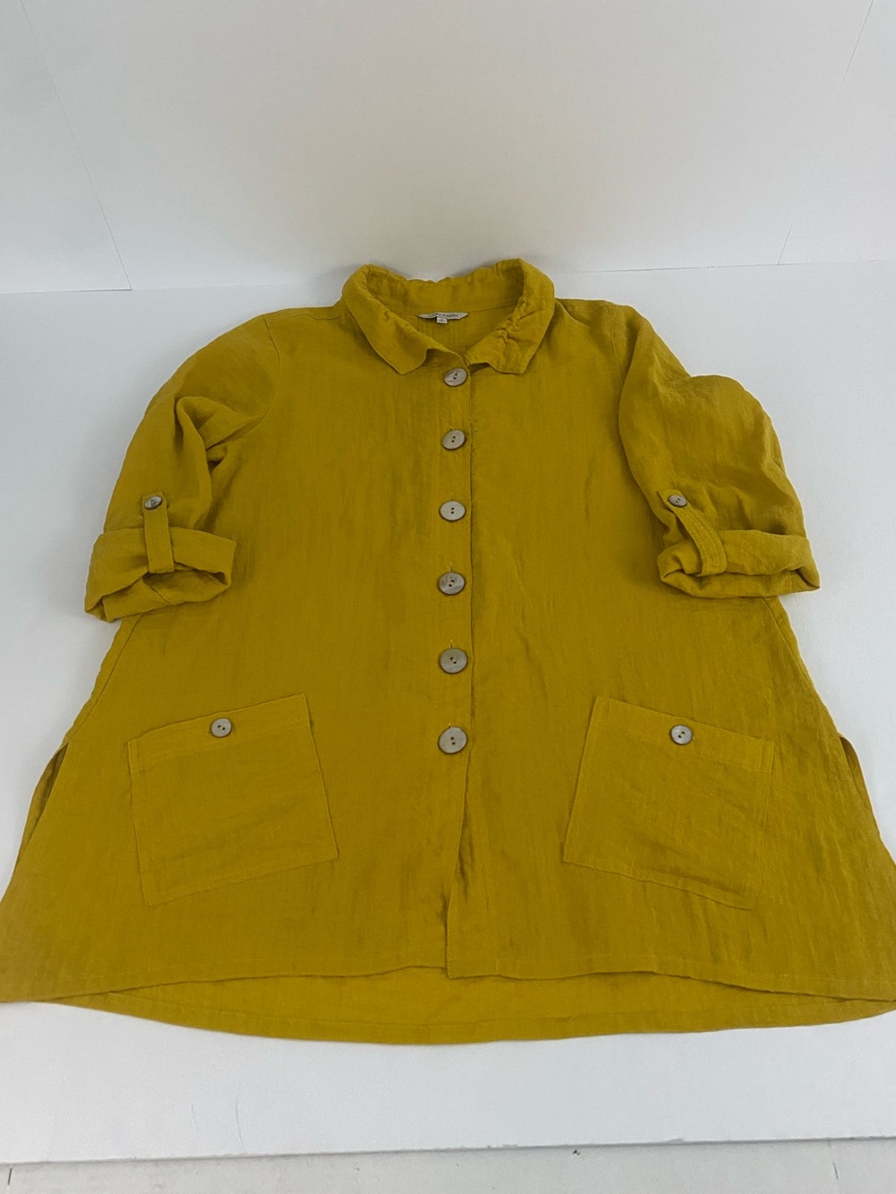 John Mark Mustard Button-Front Tunic Linen blend size small 3/4 length sleeves